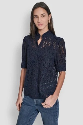Bluse mit Puff-Ärmeln aus Spitze