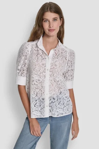 Bluse mit Puff-Ärmeln aus Spitze