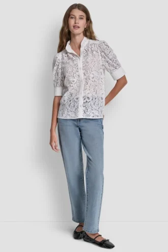 Bluse mit Puff-Ärmeln aus Spitze