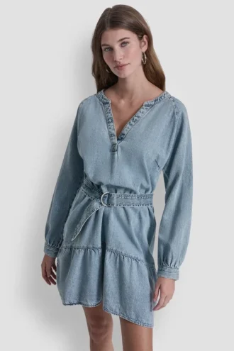 Denim-Kleid mit Gürtel und V-Ausschnitt