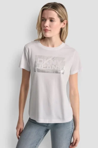 DKNY Jeans T-Shirt mit gestapeltem Logo und Strass-Steinen