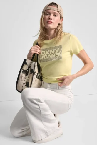 DKNY Jeans T-Shirt mit gestapeltem Logo und Strass-Steinen