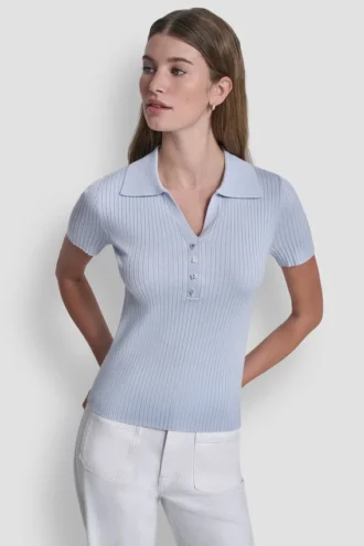 Geripptes Polohemd mit Strass-Knöpfen