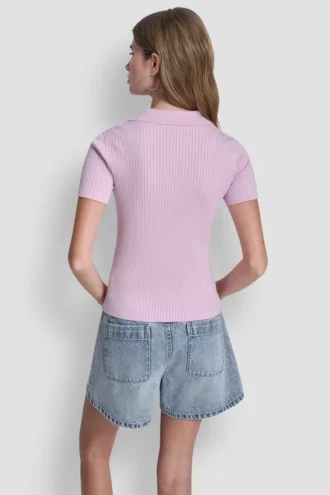 Geripptes Polohemd mit Strass-Knöpfen