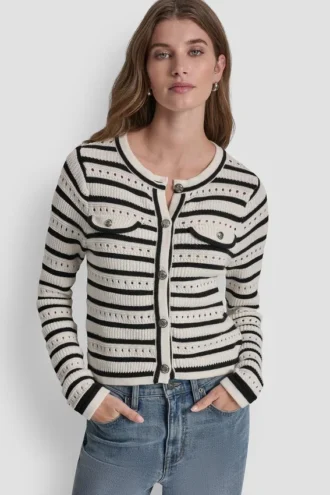 Gestreifte Strickjacke mit Pointelle-Muster