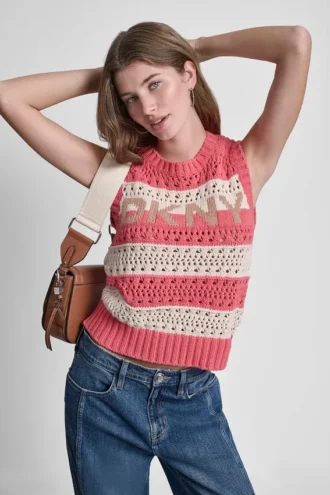 Gestreifter, ärmelloser Pullover mit Ziernähten