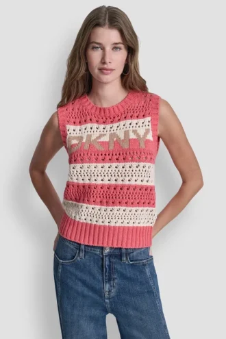 Gestreifter, ärmelloser Pullover mit Ziernähten