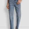 Klassische Straight-Jeans mit hoher Leibhöhe und gemischten Verzierungen Klassische Straight-Jeans mit hoher Leibhöhe und gemischten Verzierungen