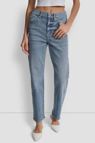 Klassische Straight-Jeans mit hoher Leibhöhe und gemischten Verzierungen