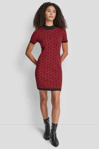 Kurzes Kleid mit Logo-Jacquard, Ballon-Ärmeln und Stehkragen