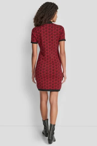 Kurzes Kleid mit Logo-Jacquard, Ballon-Ärmeln und Stehkragen