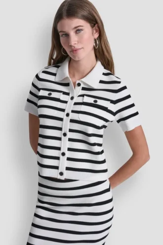 Kurzärmelige gestreifte Polo-Strickjacke