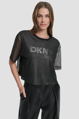 Kurzärmeliges Oberteil aus Strick mit Mesh-Einsatz und Logo