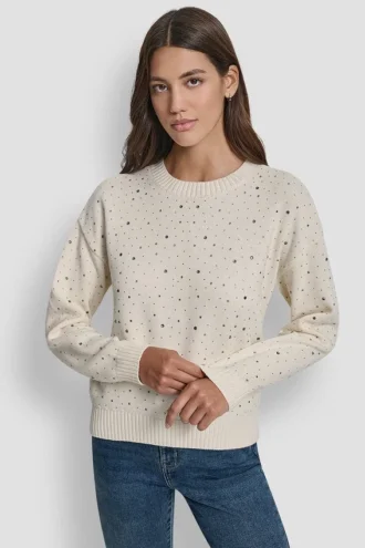 Langärmeliger Pullover mit Rundhalsausschnitt und Strass