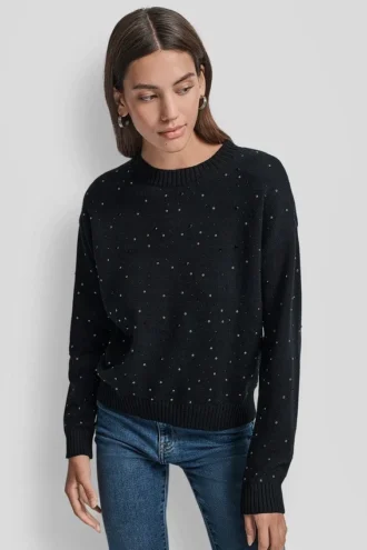 Langärmeliger Pullover mit Rundhalsausschnitt und Strass