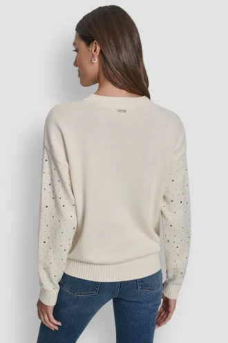 Langärmeliger Pullover mit Rundhalsausschnitt und Strass