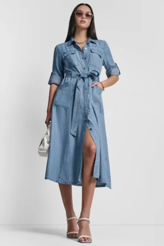 Langärmiges Tencel-Cargo-Kleid mit Umschlaglaschen