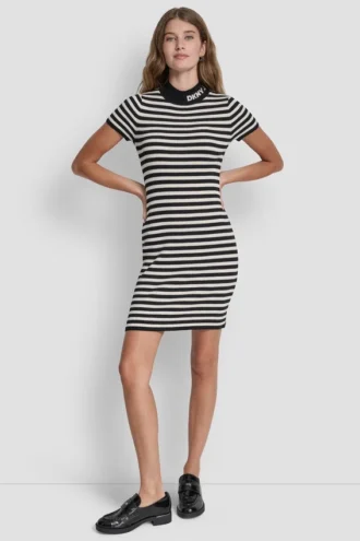 Lurex-Streifen, Stehkragen, Logo-Kleid