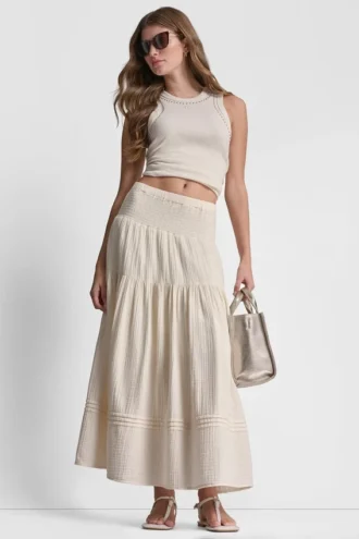 Maxi-Röck mit geraffter Taille und Stufen