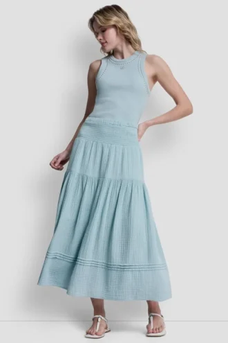 Maxi-Röck mit geraffter Taille und Stufen