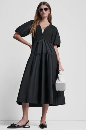 Midi-Kleid im Henley-Stil mit Rippbündchen und Puff-Ärmeln