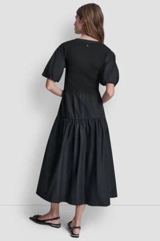 Midi-Kleid im Henley-Stil mit Rippbündchen und Puff-Ärmeln