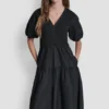 Midi-Kleid im Henley-Stil mit Rippbündchen und Puff-Ärmeln Midi-Kleid im Henley-Stil mit Rippbündchen und Puff-Ärmeln