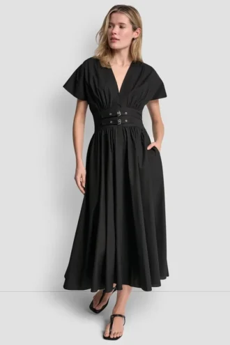Midi-Kleid mit Smok-Detail und Schnallen