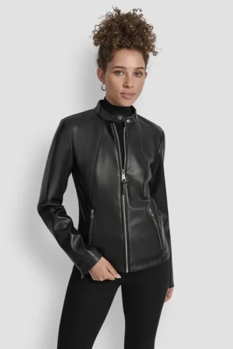 Motorradjacke aus Kunstleder mit Druckknopf-Kragen