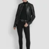 Motorradjacke aus Kunstleder mit Druckknopf-Kragen Motorradjacke aus Kunstleder mit Druckknopf-Kragen
