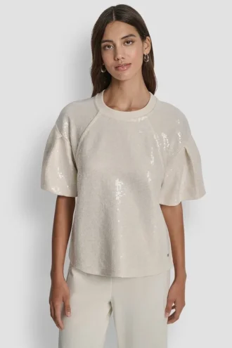 Pailletten-Puffärmel-Pullover