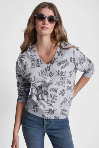 Pullover mit V-Ausschnitt und Logo-Print