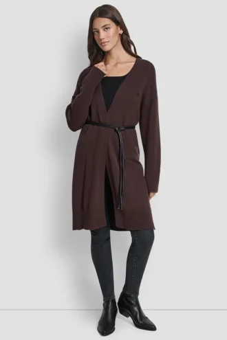 Strickjacke mit Gürtel und Logo-Verzierungen