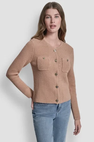 Strickjacke mit Tuck-Stich und Rundhalsausschnitt