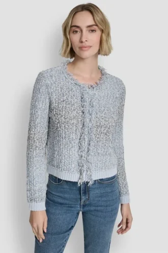 Tweed-Pullover mit Fransen und Reißverschluss vorne